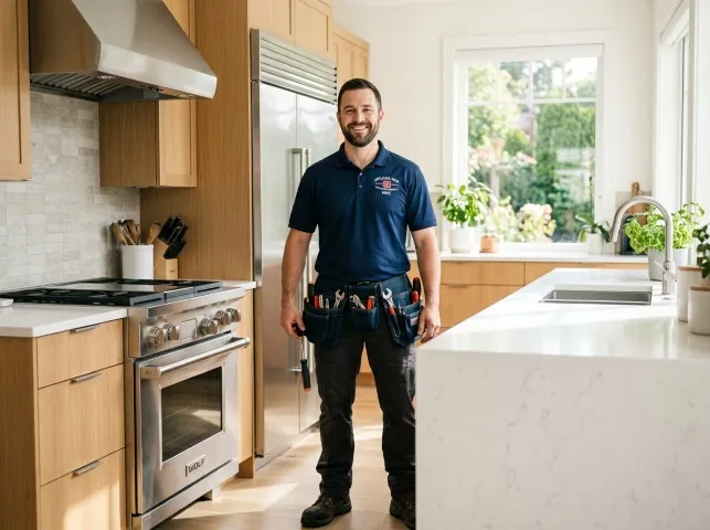 Appliance Repair Hero technician in a Berlin, MA kitchen after an appliance repair