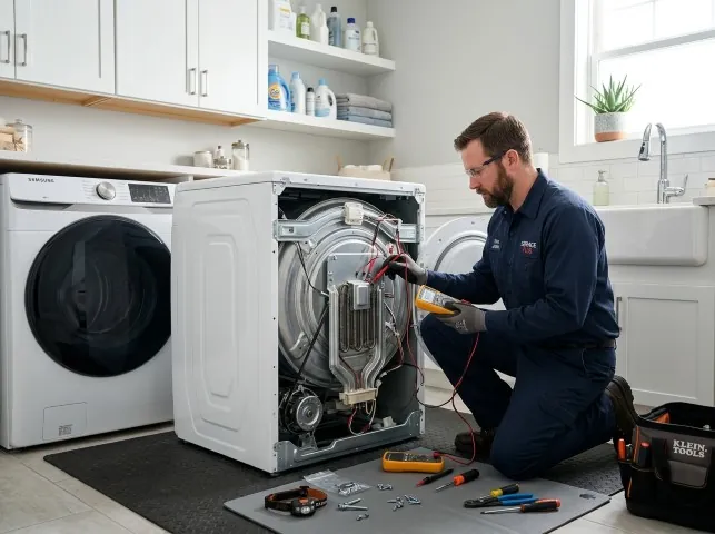 Appliance Repair Hero technician checking a dryer heating element with the rear panel off in Berlin, MA
