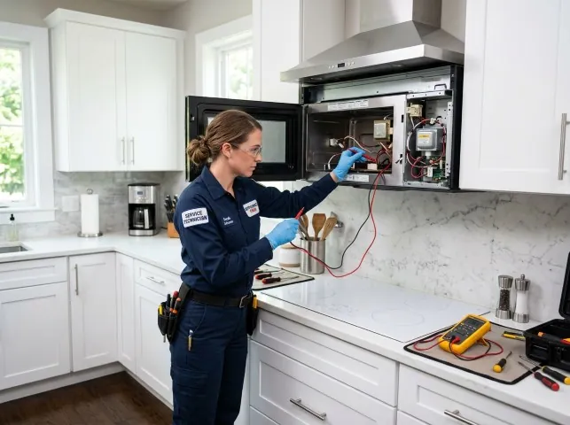 Appliance Repair Hero technician testing an over-the-range microwave in a Berlin, MA kitchen