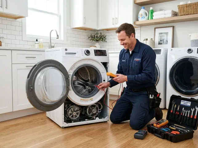 Appliance Repair Hero technician testing a front-load washer with a multimeter on a Berlin, MA service call